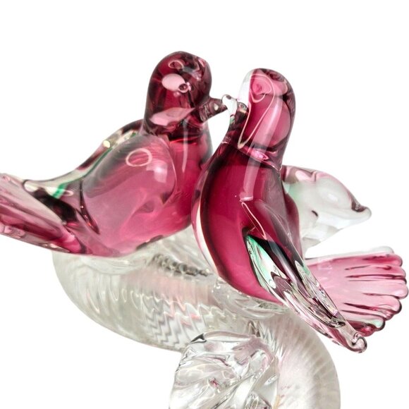 Murano Somerso Oball Art Glass Birds On Branch Clear W/red/green Interior Signed - Picture 7 of 14